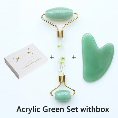 Natural Green Jade Roller Gua Sha Set Facial Body Massager Roller Jade Stone Massage Set Face Lifting Beauty Skin Care Tools