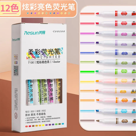 JIKUN 12pcs Highlighters Pen Pastel Colors Fluorescent Art Markers School Office Kawaii Stationery Supply