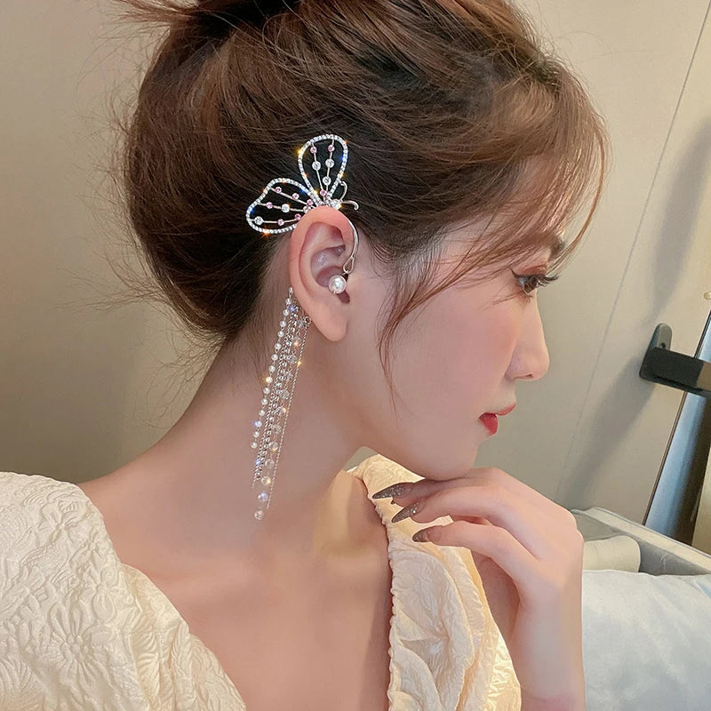 20Style Luxury Shiny Crystal Rhinestone Long Tassel Ear Cuff No Pierced Ear Clip Earrings For Women Wedding Korean Trend Jewelry