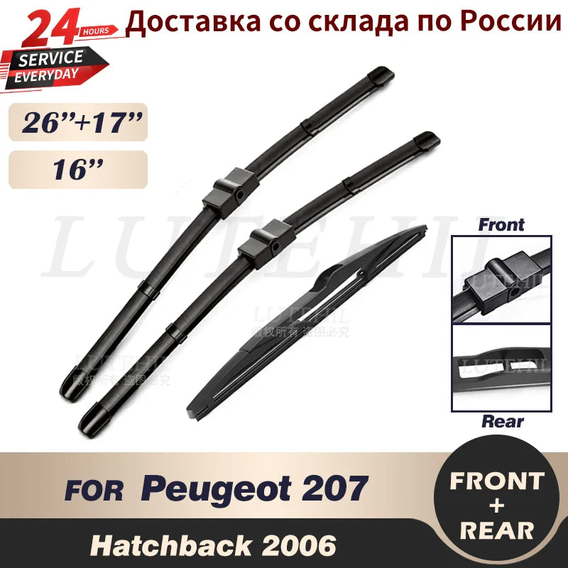 Wiper Front Rear Wiper Blades Set For Peugeot 207 Hatchback 2006 - Windshield Windscreen Front Rear Window 26"+17"+16"