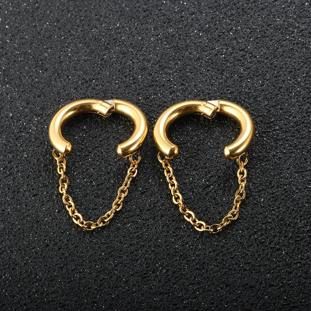 2PC /Set Stainless Steel Small Hoop Earrings for Women Golden Circle Thick Ear Ring Piercing Tassel With Chain Earrings Jewelry