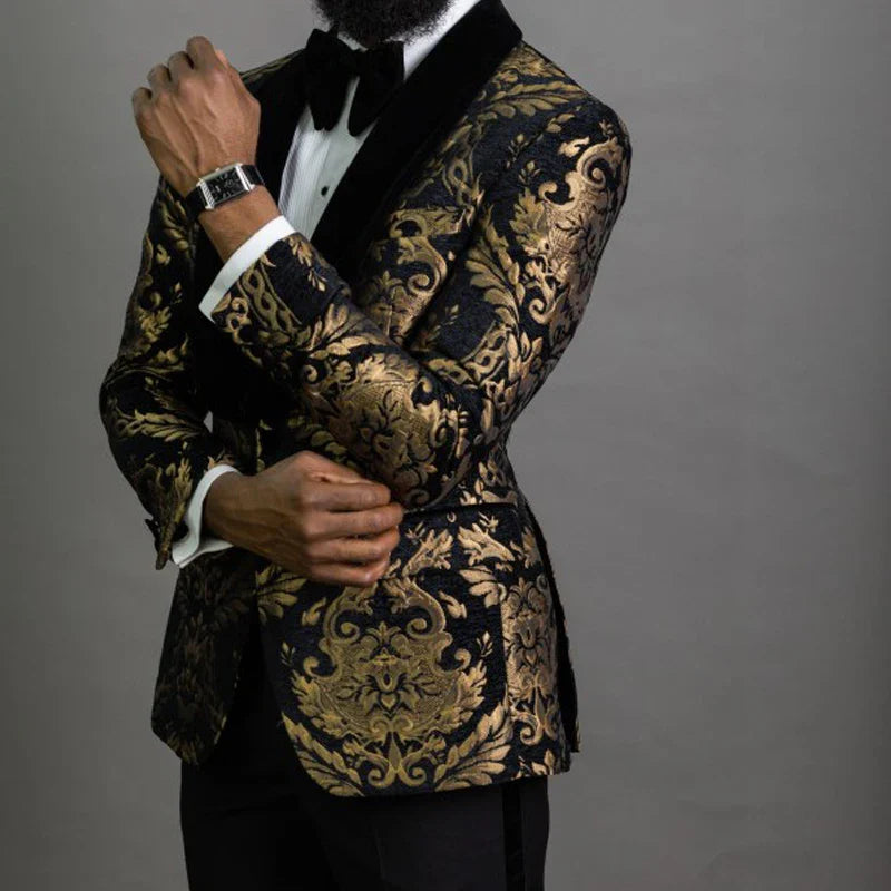 Floral Jacquard Blazer for Men Prom African Fashion Slim Fit with Velvet Shawl Lapel Male Suit Jacket for Wedding Groom Tuxedo