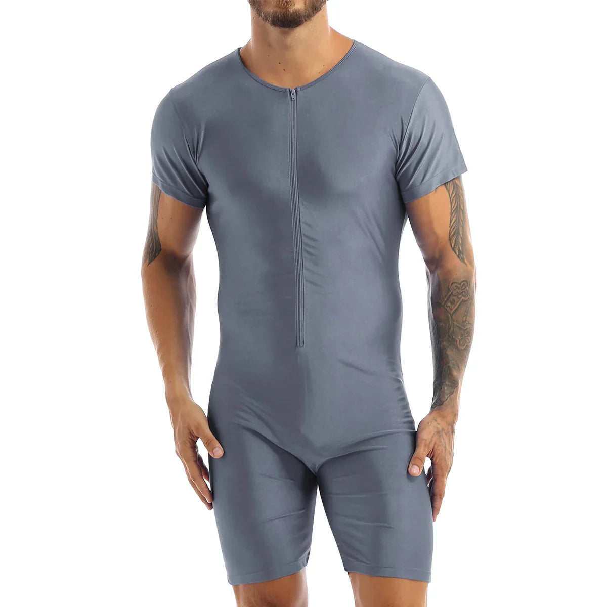 Mens Pajamas Undershirts One-piece Leotard Jumpsuit Male Short Sleeve Front Zipper Elastic Soft Boxer Briefs Bodysuit Swimwear