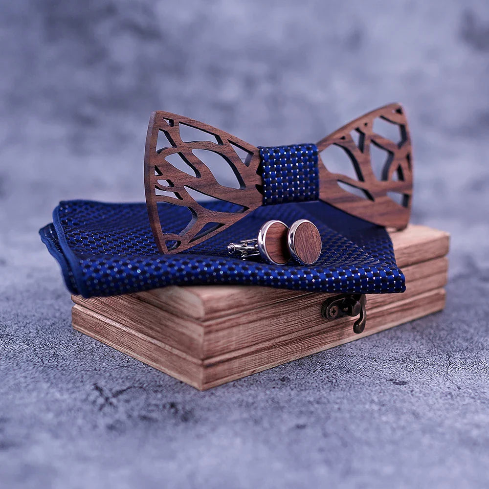 Fashion Hollow Carved Wooden Bow Tie Navy Blue Solid Handmade Wood Bowtie Suit Mens Wedding Gravate Cufflinks Sets Accessories