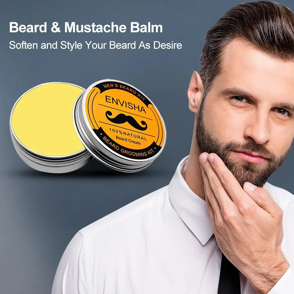 1Set Men Beard Grooming Kit Mustache Beard Hair Growth Oil Styling Tool Beard Essential Balm Comb Moisturize Wax Scissor