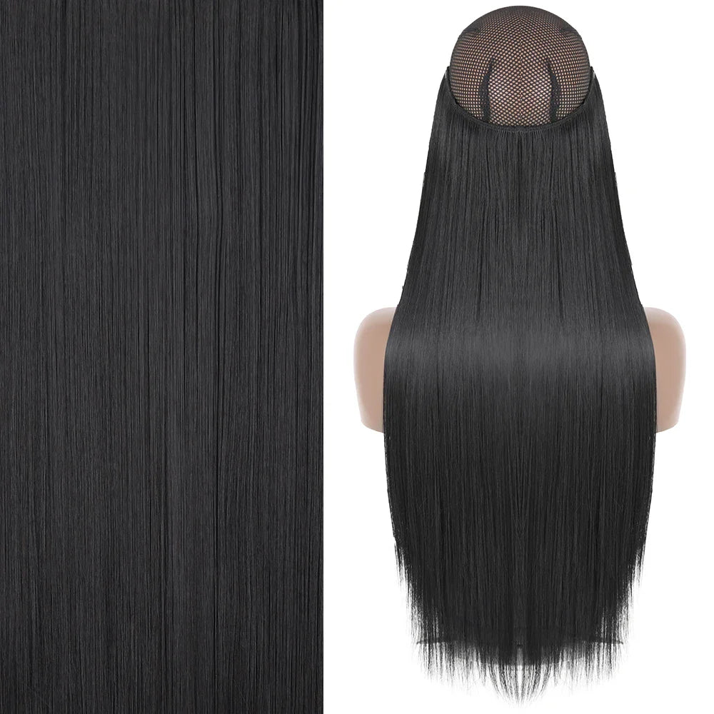 MERISIHAIR Synthetic No Clip Invisible Wire Hair Extensions Straight Black Blonde One Piece False Hairpiece Hair Extension