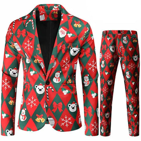 Red Printed Two-piece Men's Christmas Suit (Jacket + Pants) Stylish Male Blazer Coat with Trousers Black Green Blue S-4XL