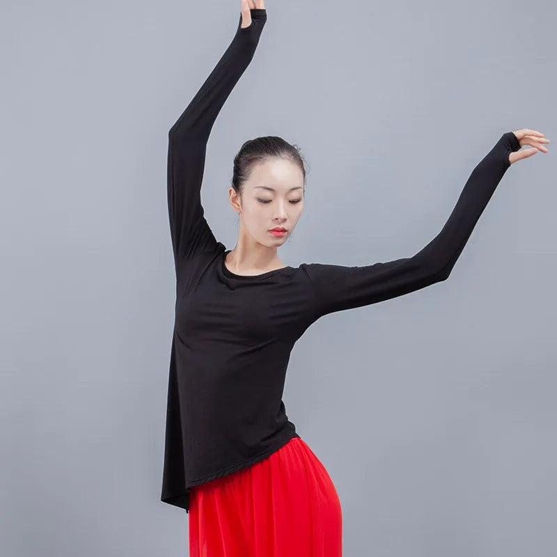 Womens Round Neck Finger Sleeve Modern Dance Wear Modal Yoga Practice Dress Side Lacing Classical Dance Top Blouse Plus Size 4XL