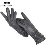 Classic pleated leather gloves women color real leather gloves women sheepskin Genuine Leather winter gloves women-2081