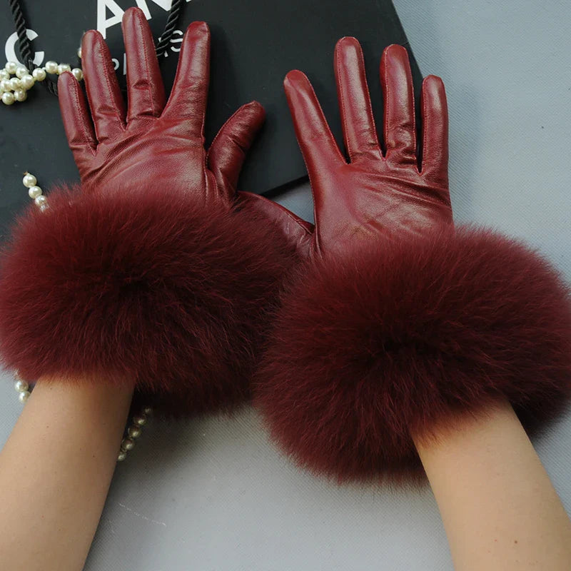 Real Sheepskin Fox Fur Gloves Women's Genuine Leather Glove Winter Warm Fashion Style Natural Fluffy Fox Fur Oversized Customize