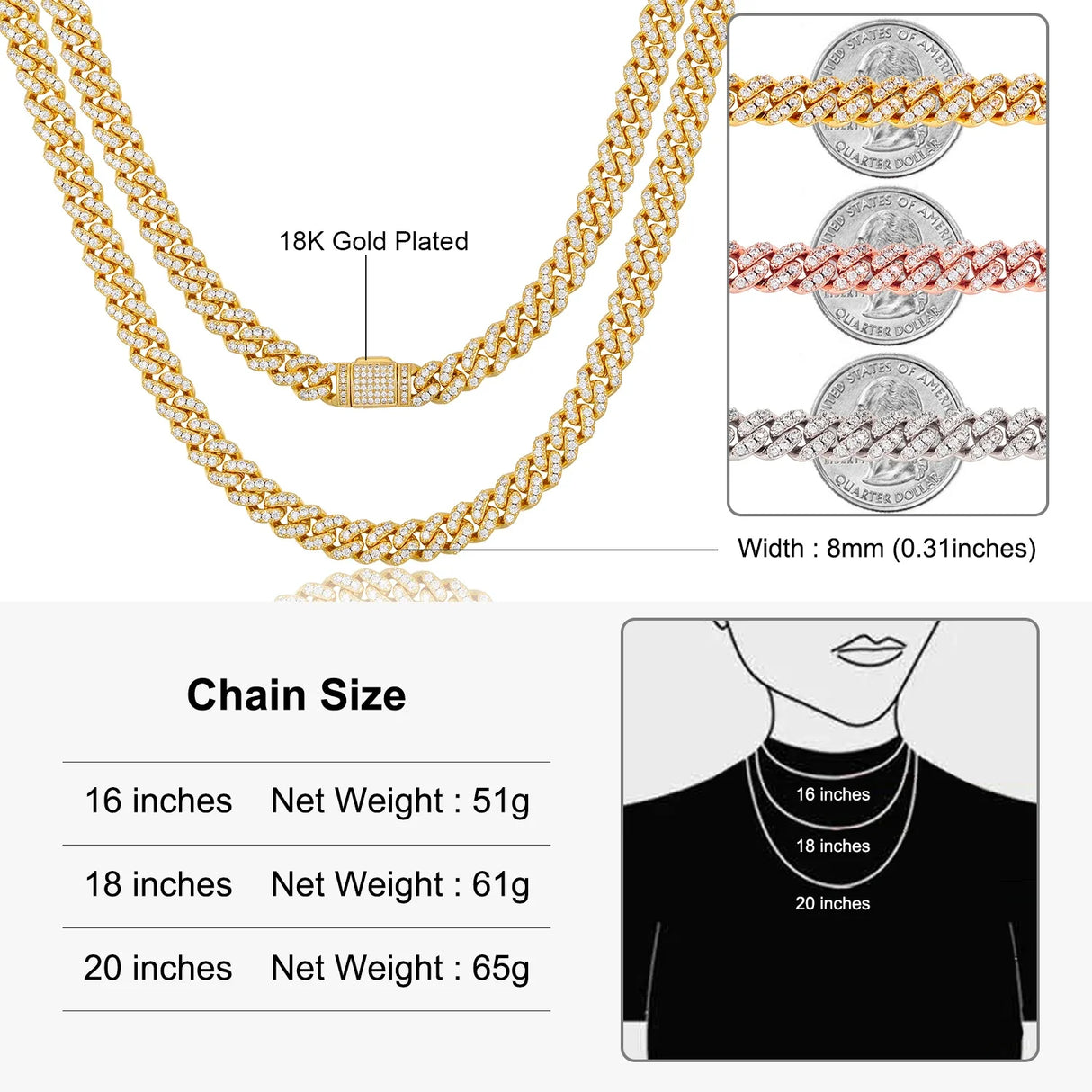 6mm 8mm Width Fashion Miami Cuban Chain Necklace For Women Men's Hip Hop Jewelry Copper Cubic Zirconia Bling Charm Chains