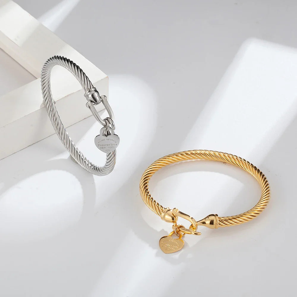 361L Titanium Stainless Steel Bangles Bracelets Charm Gold Color Cable Wire Cuff Heart Pendant Bracelet For Women Girls Jewelry