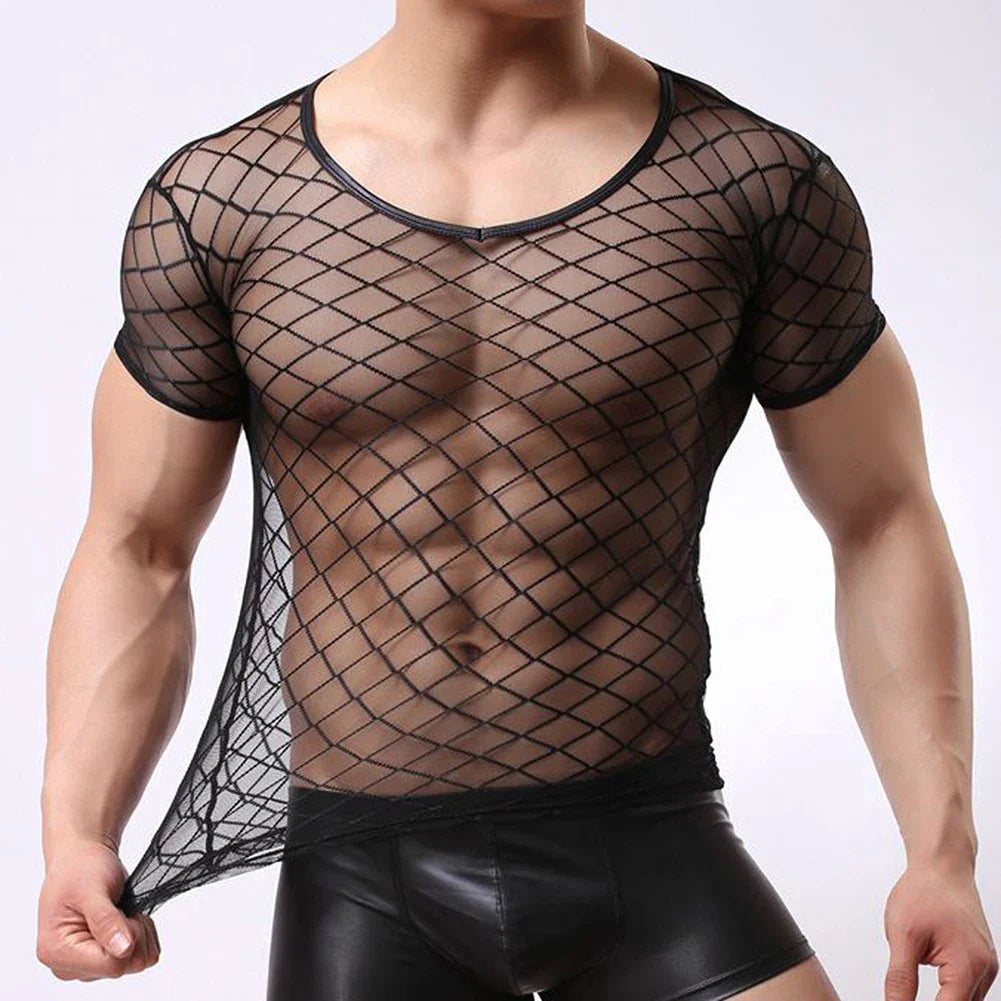 Night Club Sexy Men Short Sleeve Mesh T-Shirt See-through Fit Openwork Top Mesh T-Shirt See-through Fit Openwork Top Mesh T-Shir