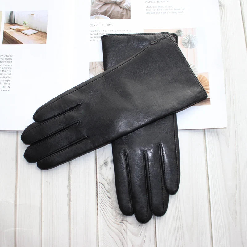 New women's leather color gloves sheepskin classic straight style knitted lining spring driving mittens autumn