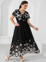 Plus Size Casual Women's Dresses 2023 Summer Ruffles V Neck Short Sleeve Floral Maxi Long Dress Black Chiffon Boho Beach Dresses