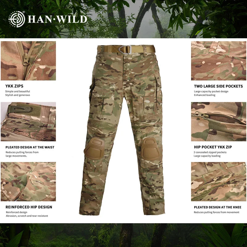 HAN WILD Upgraded Version G3 Combat Pants + Pads Hiking Pants Camouflage Safari Airsoft Military Tactical Trousers Gen3