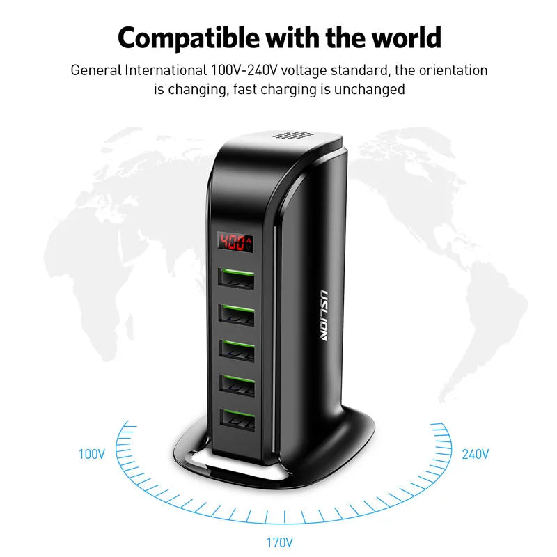 USLION 5 Ports USB Charger HUB LED Display USB Fast Charging Station Dock Mobile Phone Desktop Wall Quick Chargers EU US UK Plug