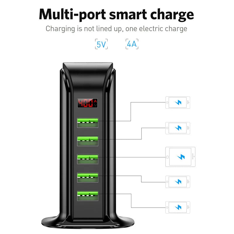 USLION 5 Ports USB Charger HUB LED Display USB Fast Charging Station Dock Mobile Phone Desktop Wall Quick Chargers EU US UK Plug