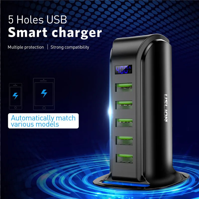 USLION 5 Ports USB Charger HUB LED Display USB Fast Charging Station Dock Mobile Phone Desktop Wall Quick Chargers EU US UK Plug