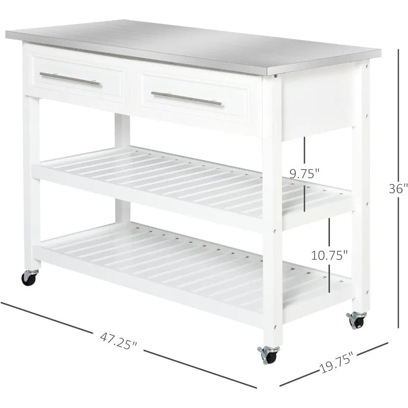 HOMCOM Kitchen Island Rolling Utility Trolley Cart with 2 Drawers Stainless Steel Top - White