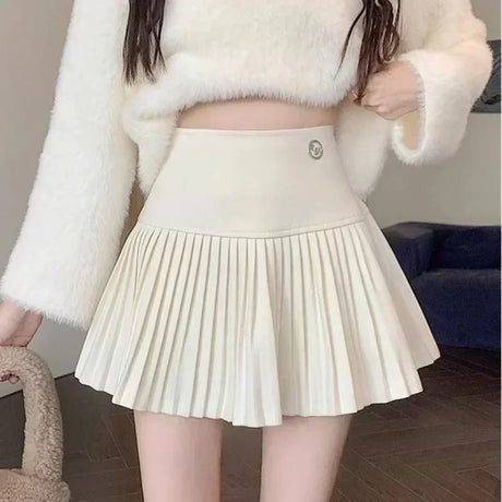 HOUZHOU Woolen Pleated Skirt Women Korean Cute Sexy High Waist A-line coquette Extreme Mini Skirt Autumn Winter Vintage School