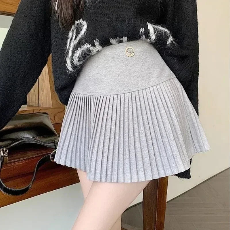 HOUZHOU Woolen Pleated Skirt Women Korean Cute Sexy High Waist A-line coquette Extreme Mini Skirt Autumn Winter Vintage School