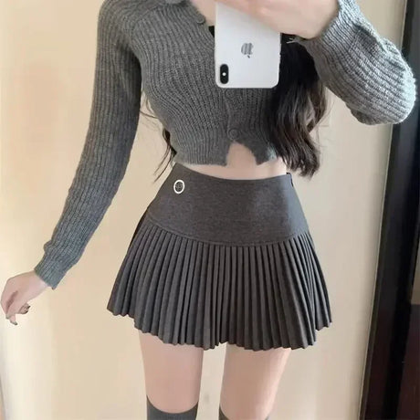 HOUZHOU Woolen Pleated Skirt Women Korean Cute Sexy High Waist A-line coquette Extreme Mini Skirt Autumn Winter Vintage School