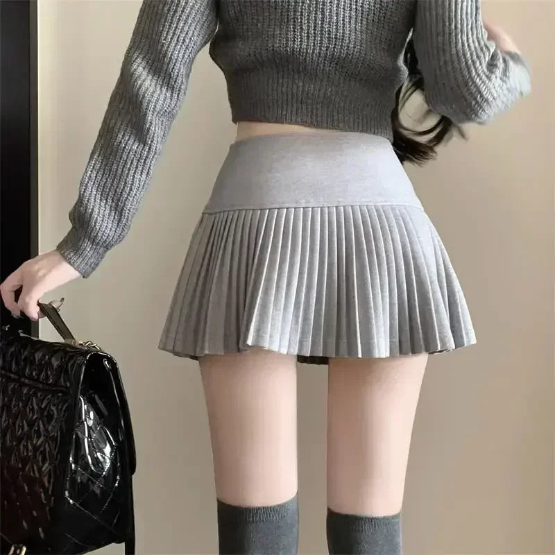 HOUZHOU Woolen Pleated Skirt Women Korean Cute Sexy High Waist A-line coquette Extreme Mini Skirt Autumn Winter Vintage School