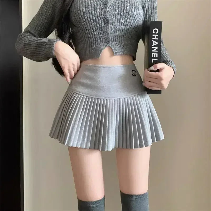 HOUZHOU Woolen Pleated Skirt Women Korean Cute Sexy High Waist A-line coquette Extreme Mini Skirt Autumn Winter Vintage School