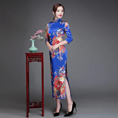 Old Shanghai Elegant Women Satin Qipao Slim 3/4 Sleeve Long Dress New Traditional Chinese Mandarin Collar Cheongsam Vestidos