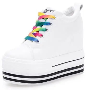 2023 New 12CM Heels Wedge Canvas Shoes Woman High Platform Sneakers Vulcanized Shoes Hidden Heel Height Increasing Casual Shoes