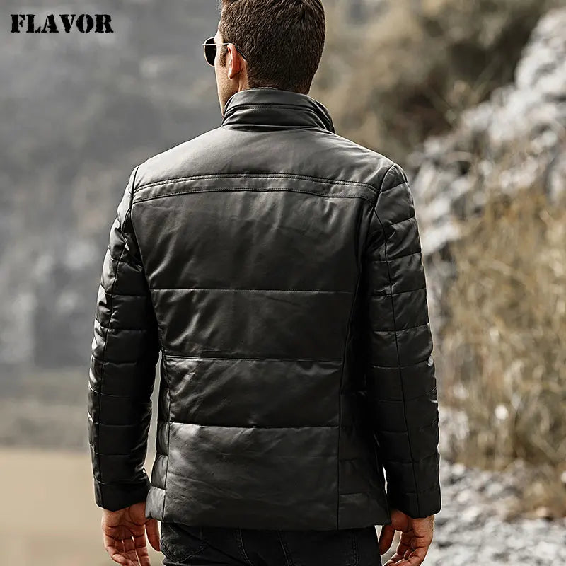 FLAVOR Men's Real Leather Down Jacket Men Genuine Lambskin Winter Warm Leather Coat with Removable Standing Sheep Fur Collar