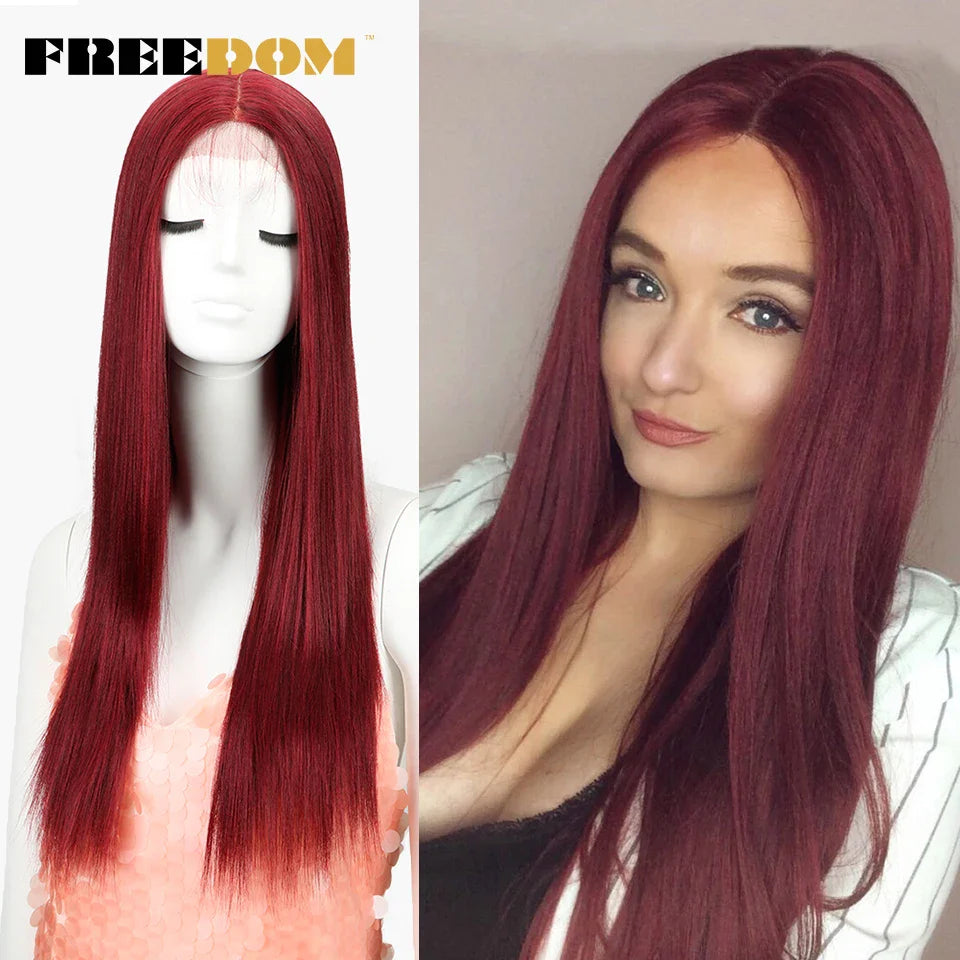 FREEDOM Synthetic Lace Front Wig For Black Women Long Straight Middle Part Wig High Temperature Red Blonde Ginger Cosplay Wigs