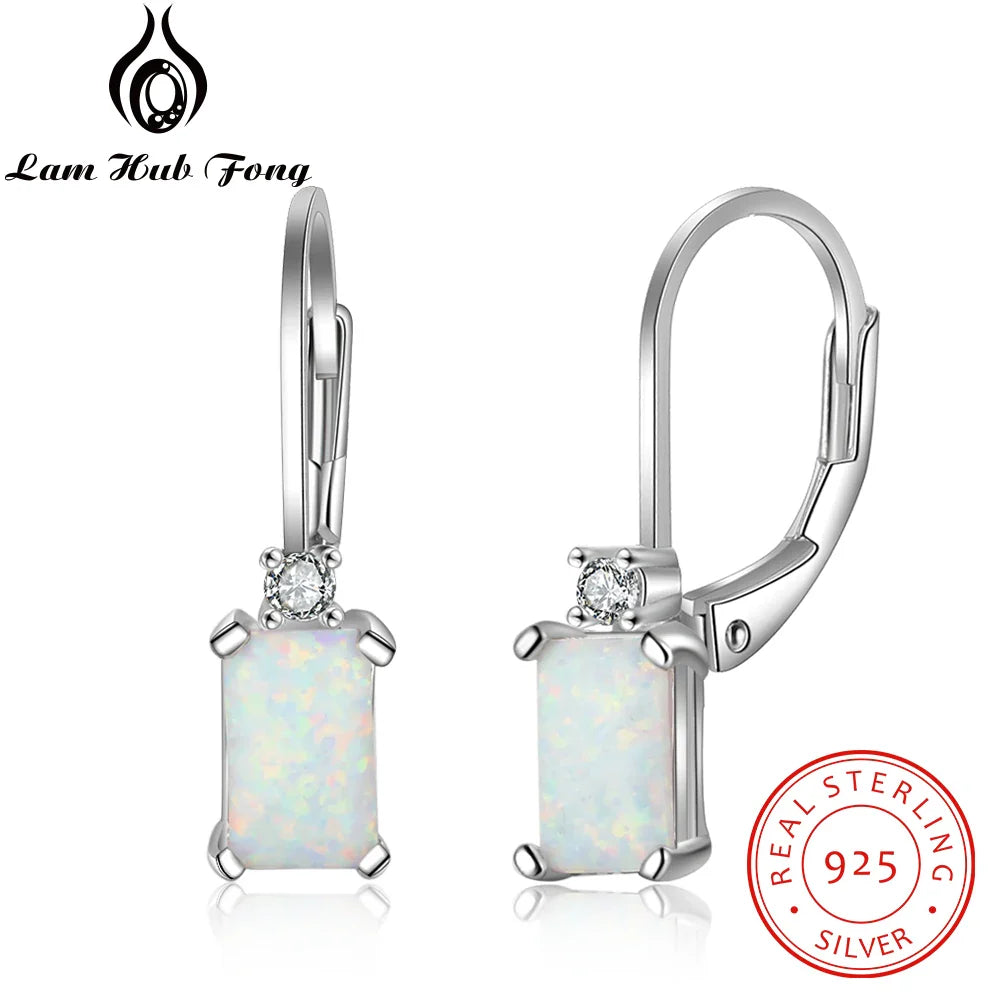 Geometric 925 Sterling Silver Hoop Earrings Rectangular Created White Fire Opal Earrings Fine Jewelry Accessories (Lam Hub Fong)