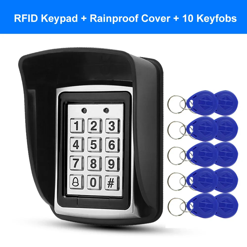 RFID Metal Access Control Keypad Waterproof Rainproof Cover Outdoor Door Opener Electronic Lock System 10pcs EM4100 Keychains