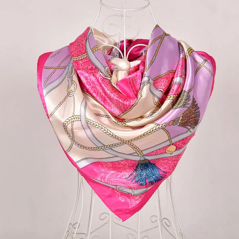 Spring And Autumn Female Satin Scarf,Big Square Scarves Hijabs Printed,Women Scarf,Purple Polyester Silk Scarf Shawl 90*90cm