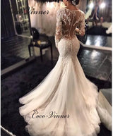 Full Sleeves Illusion Back Lace Mermaid Wedding Dresses Plus Size Custom Made Wedding Dress Lace Embroidery Bride Dress W0037