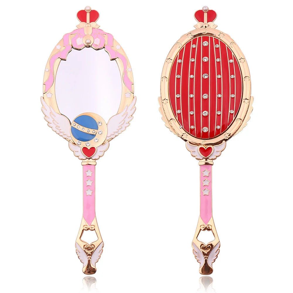 Anime Moon Metal Oval Hand Held Makeup Mirror Ladies Girl Crown Mirror Beauty Dresser Red Blue Makeup Mirror With Crystal