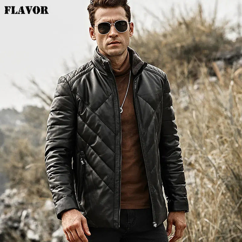 FLAVOR Men's Real Leather Down Jacket Men Genuine Lambskin Winter Warm Leather Coat with Removable Standing Sheep Fur Collar