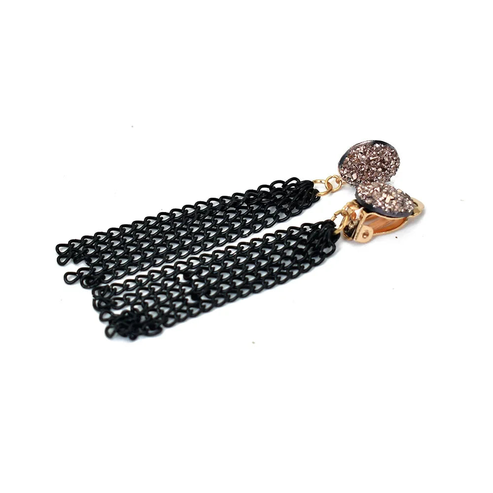 Women Metal Black Long Tassel Chain Earrings No Ear Hole Hanging Druzy Resin Clip Earing Without Piercing