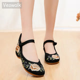 Veowalk Ankle Strap Women Canvas Embroidered Ballet Flats, Chinese Style Ladies Casual Comfort Walking Shoes Cotton Ballerinas