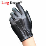 Long Keeper Fashion Black PU Leather Gloves Male Thin Style Driving Leather Men Gloves Non-Slip Full Fingers Palm Touchscreen