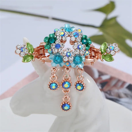 High Quality Colorful Enamel Flower Hair Claws Wedding Ornaments Gold Color Rhinestone Crab Clip For Women Girls Hair Jewelry