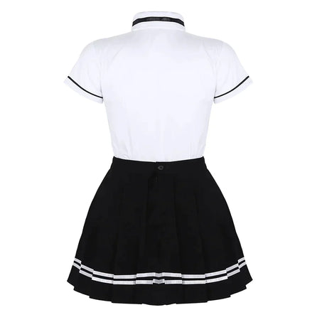 TiaoBug Japanese School Girl Uniform Suit White Short Sleeve T-shirt Top Pleated Skirt Cosplay Korean Girls Student Costume Set