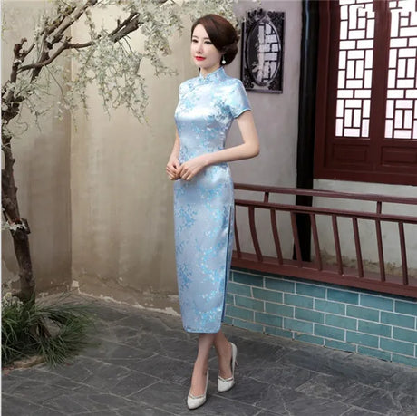 Red Chinese Women Dress Vintage Satin Qipao Sexy Long Slim Cheongsam Hot Sale Flower Dress Size S M XL XXL 3X4XL 5XL 6XL JA13