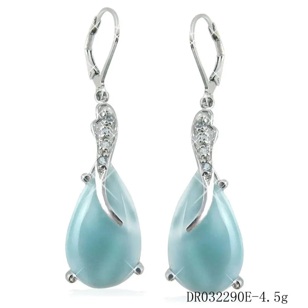 925 Sterling Silver Jewelry Dominica Natural Larimar Gemstone Drop Dangle Earrings for Woman Gift