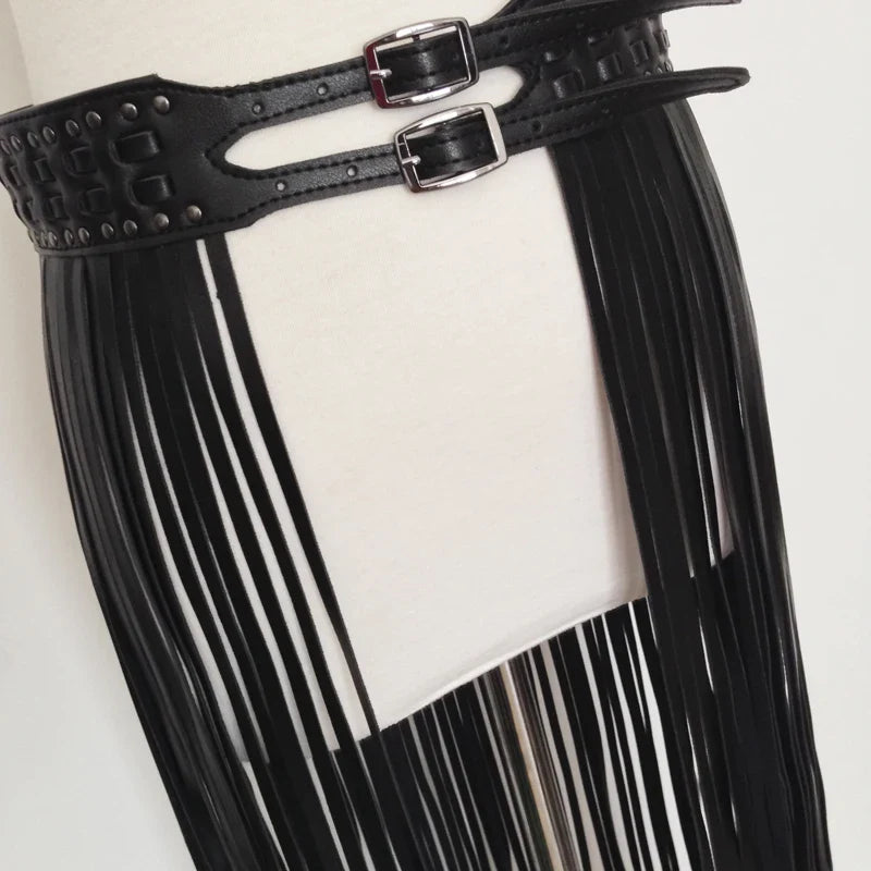 Sexy Long Fringe Leather Belts Black Designer Ceinture Femme Studs Punk Double Pin Buckle Plus Size Waistband Women S/M/L/Xl