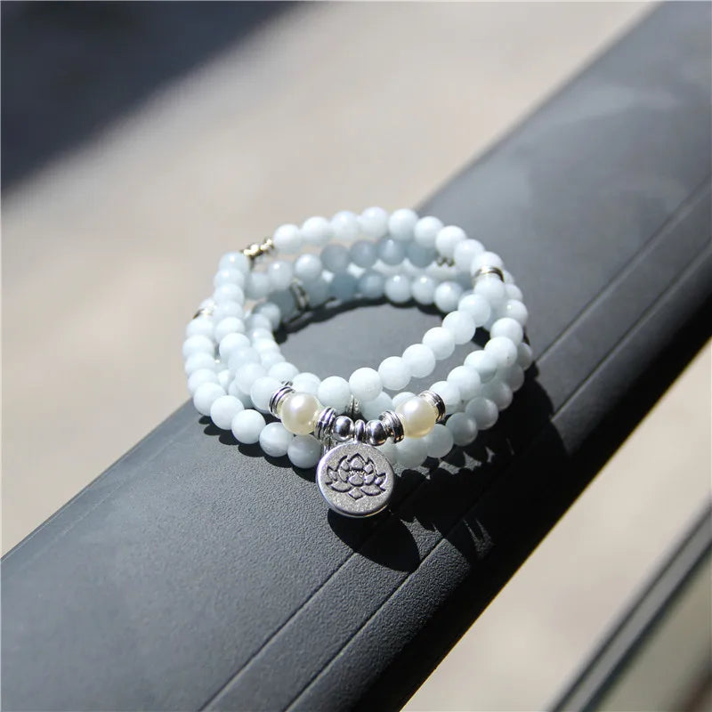 Women Bracelet Natural Stone Bracelet Beads Aquamarin with Lotus Charm Yoga Bracelet 108 Mala Necklace for Men Women