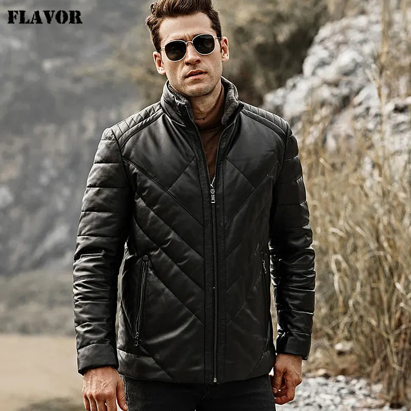 FLAVOR Men's Real Leather Down Jacket Men Genuine Lambskin Winter Warm Leather Coat with Removable Standing Sheep Fur Collar