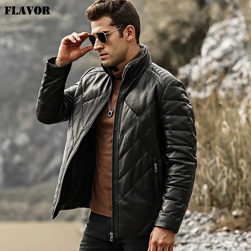 FLAVOR Men's Real Leather Down Jacket Men Genuine Lambskin Winter Warm Leather Coat with Removable Standing Sheep Fur Collar